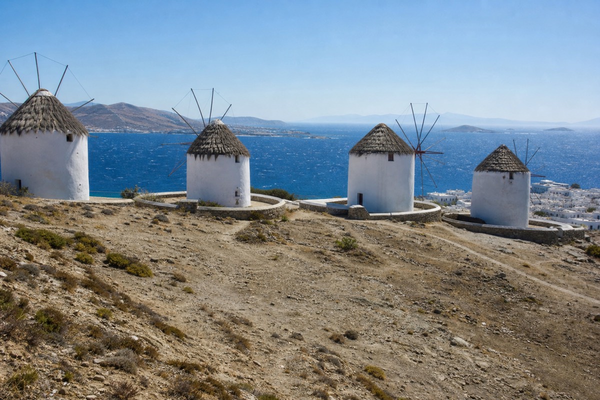The windmills above Mykonos Town, one half of the classic Santorini and Mykonos pairing